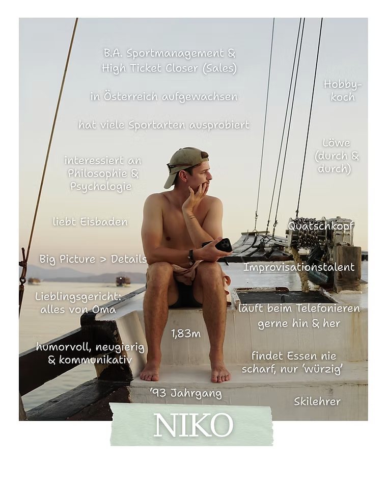 Niko auf einem Boot, umgeben von kurzen Fakten über ihn