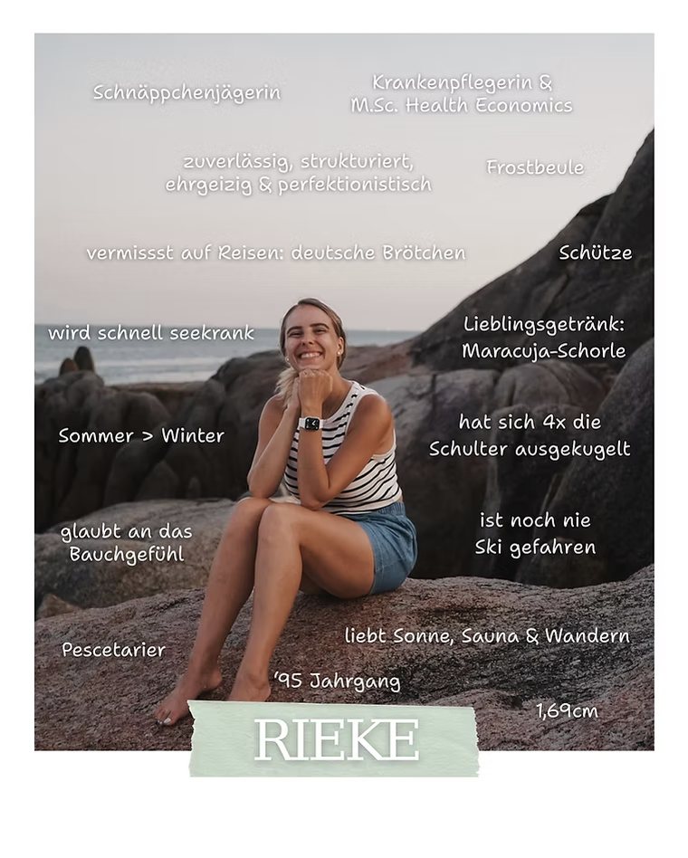 Rieke auf einem Felsen am Meer, umgeben von kurzen Fakten über sie
